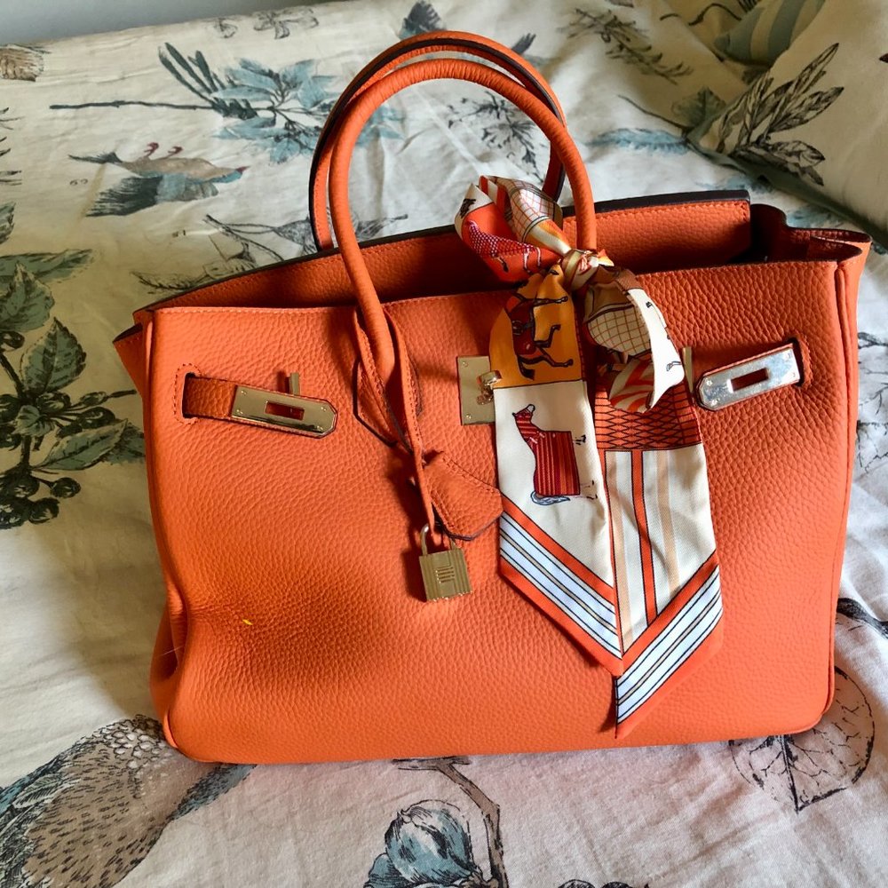 Orange genuine leather Birkin-style handbag